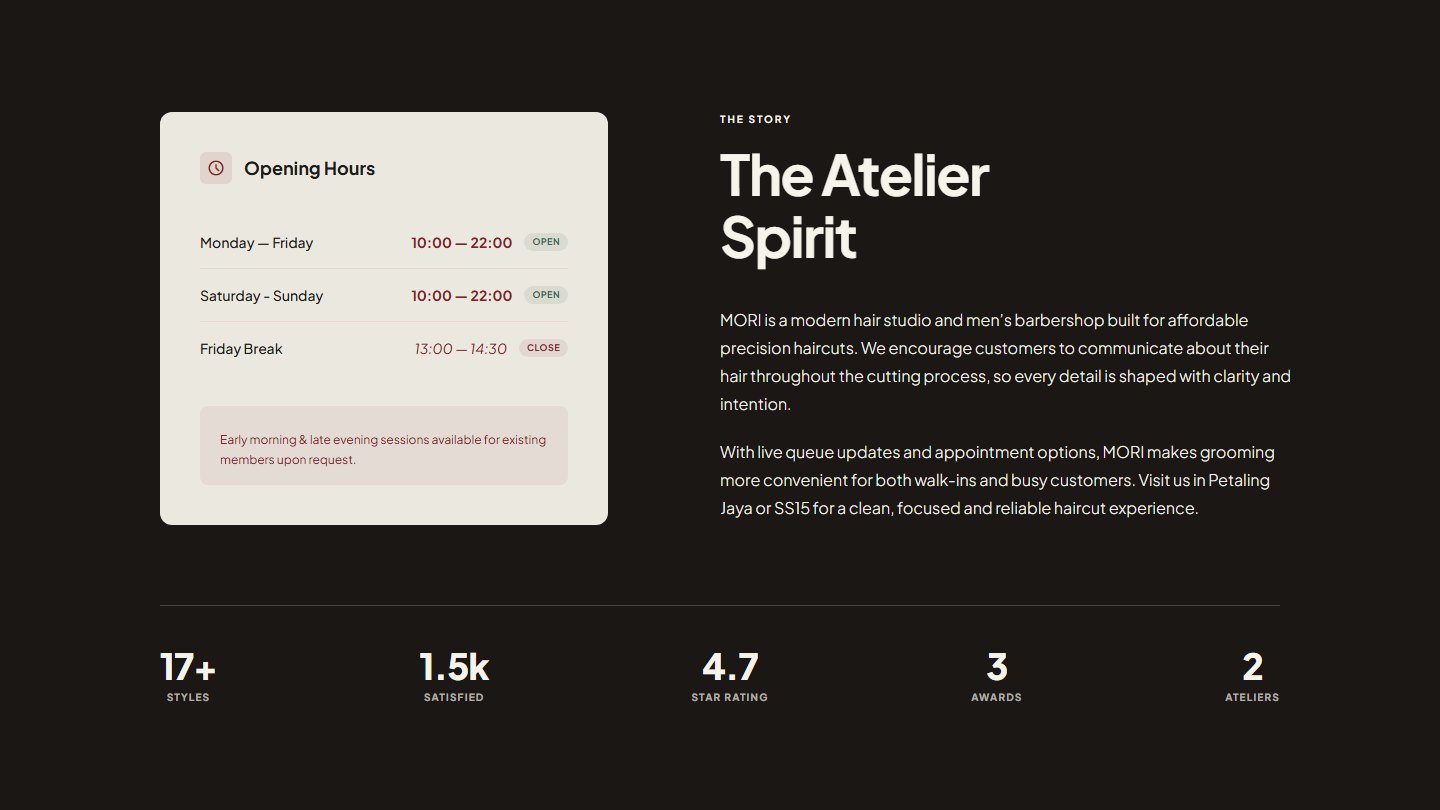 The Atelier Spirit story section with opening hours