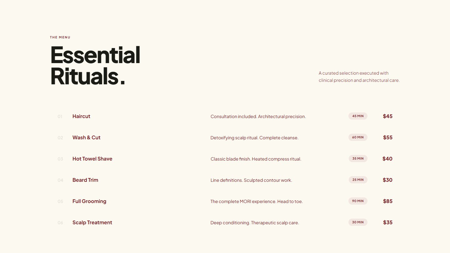 Service menu with durations and prices