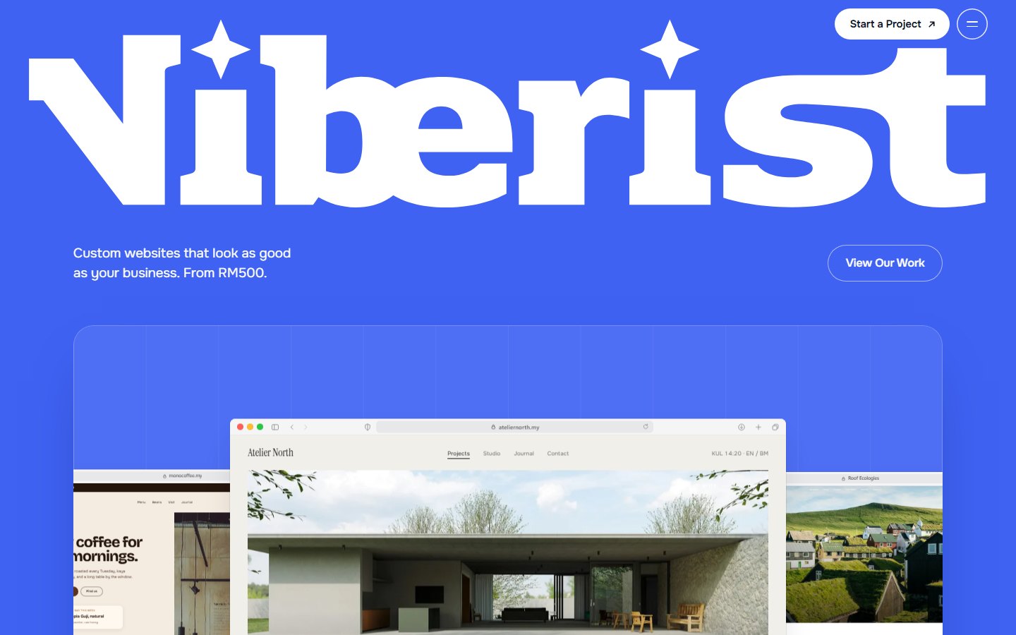 Viberist homepage hero with the oversized wordmark and layered browser mockups