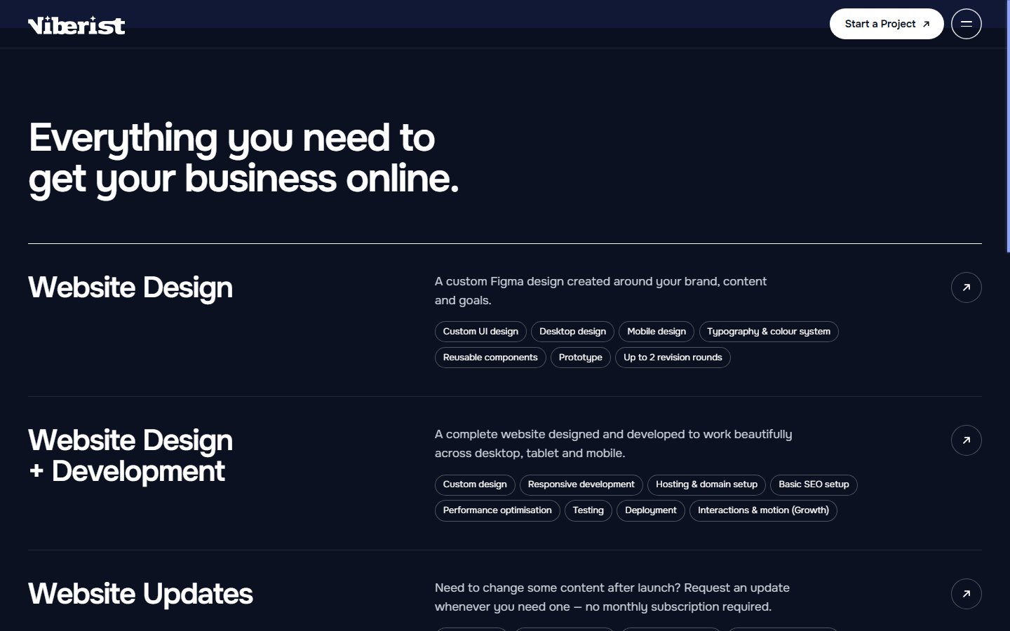 Services section with three packages
